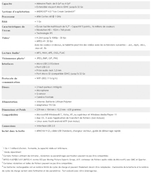 Caractéristiques Arnova 9 G3