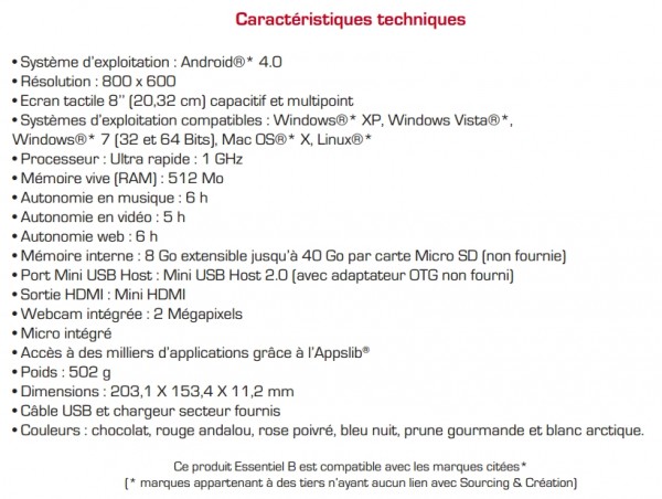 Caractéristiques de la tablette Smart Tab Essentiel B Boulanger